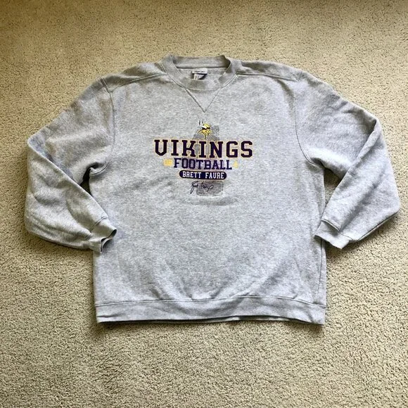 Reebok NFL Minnesota Vikings Football Brett Favre Crewneck Sweatshirt Large Gray - Picture 1 of 6